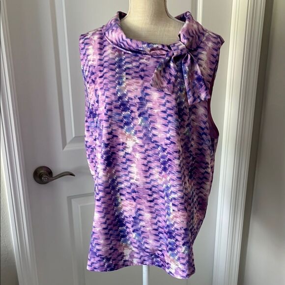 Soft Surroundings Purple Patterned Blouse Tie Neck sash Button Details SZ 2X - Picture 1 of 8